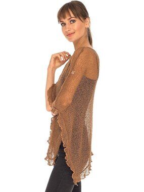 Women’s Toffee Sheer Knit Poncho Shrug Lightweight Asymmetrical Ruffle Wraps